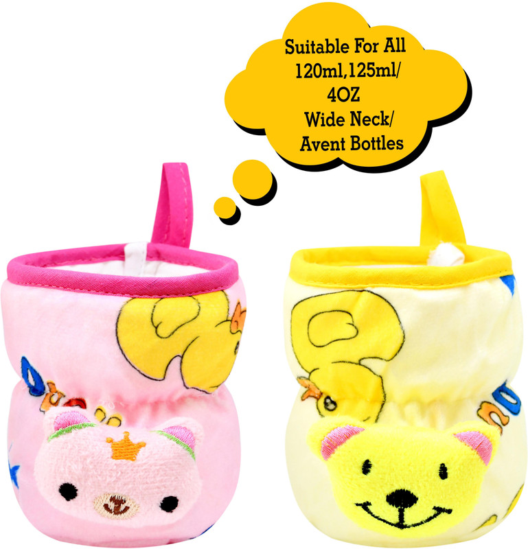 The Little Lookers Bottle Covers for Philips Avent/Broad Neck Soft Plush Stretchable Baby Feeding Bottle Cover with Strap for 125ml, 120 ml and 140 ml Feeders Pack of 2 (Pink & Yellow - 125 ML)(Pink, Yellow)