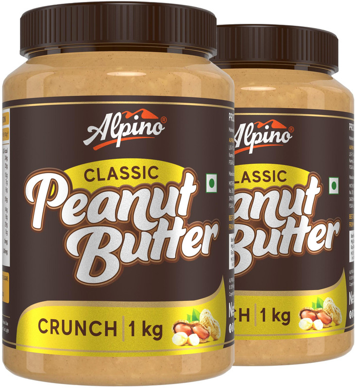 ALPINO Classic Peanut Butter Crunch 2 KG | Made with Roasted Peanuts | 25% Protein | Non GMO | Gluten Free | Vegan | 1 KG Pack of 2 | 2 kg