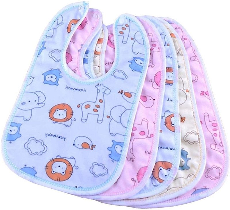 Kidsify Baby Button Bibs Apron for Feeding and Drooling Cute Animated Print with Tich Button Double Layered Waterproof (Pack of 5)(Multicolor)