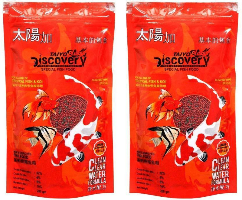 Taiyo Pluss Discovery Fish Food 200g Pouch (Pack of 2) Small Pellets (1.2mm) 0.4 kg (2x0.2 kg) Dry New Born, Young, Senior, Adult Fish Food