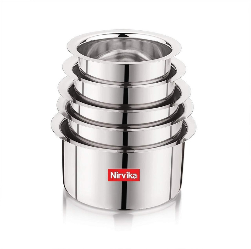 Nirvika Stainless steel tope set Serving Cooking Bowl set of 5 Piece Pot 23 cm diameter 2.1 L, 1.6 L, 1.1 L, 0.8 L, 0.5 L capacity(Stainless Steel)