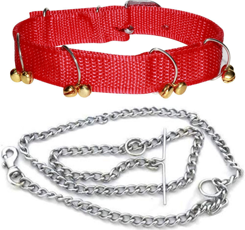 Quickato Good Quality Dog Belt Combo of Red Nylon Ghungroo Collar with Dog Chain Dog Collar & Chain(Medium, RED)