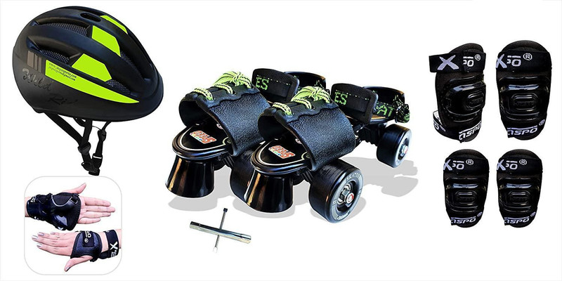 Jaspo Blacken Pro Adjustable Senior Roller Skates Combo Suitable for Age Group 6 to 14 Years (Skates+ Helmet + Knee Guard+ Elbow Guard +Wrist Guard+ Bag+Key) Skating Kit