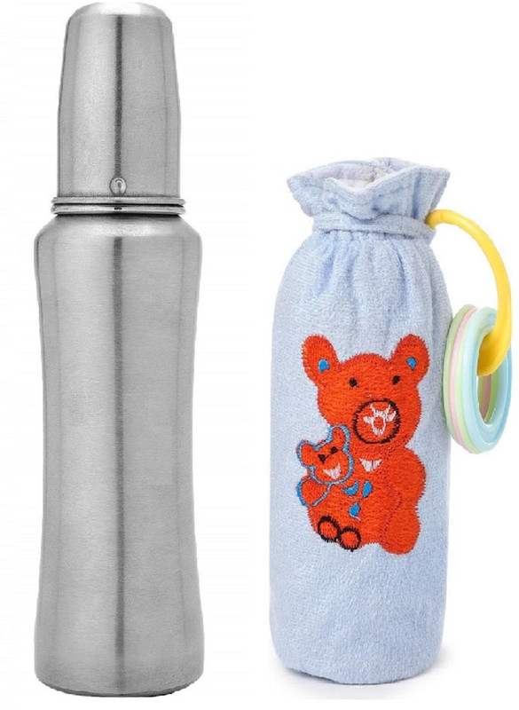 KRISHVIA Stainless Steel Baby Feeding Bottle for Milk Easy to Hold Design 304 Food Grade 0% Plastic High Grade Silicon Nipple and Free Bottle Cover - 240 ml(Grey)