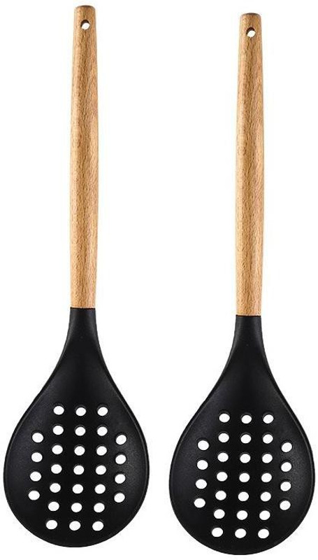 Woodtula Kitchen Silicone Slotted Skimmer With Good Grips, Black Pack of 2 Wooden Spatula(Pack of 2)