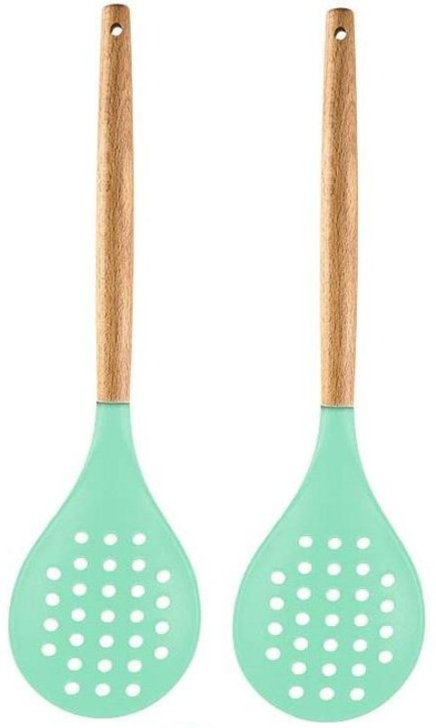Woodtula Kitchen Silicone Slotted Skimmer Heat Resistant Cooking Utensils, Green Pack of 2 Wooden Spatula(Pack of 2)