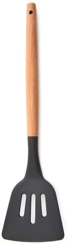 Besillia 2 Pieces Set Silicone Slotted Turner Silicone Spatula with Wooden Handle (Black) Wooden Spatula(Pack of 2)