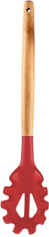 Woodtula Silicone Pasta Fork Spaghetti Strainer & Server Spoon, Red Set of 1 Wooden Spatula(Pack of 1)