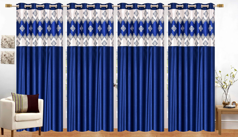 Home Edge 214 cm (7 ft) Door Polyester Room Darkening Curtain (Pack Of 4)(Blue, Solid, Printed)