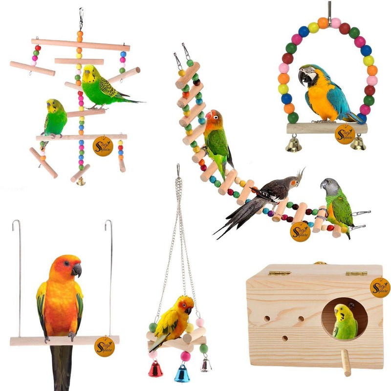 Sage Square Wooden Bird Toys Combo | Ladder, Breeding Box, Swing, Hanging Cage Accessory | For Budgie, Parrot, Cockatiel, Parakeet, Conure, Macaw etc Wooden Training Aid, Stick, Perch For Bird