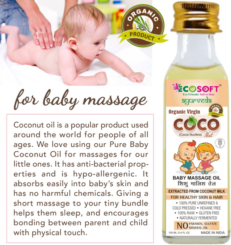 ECOSOFT AYURVEDA NEW EXTRA PREMIUM ! 100% Pure & Organic Cold Pressed VIRGIN COCONUT BABY MASSAGE OIL 100 ML in Glass Bottle(100 ml)