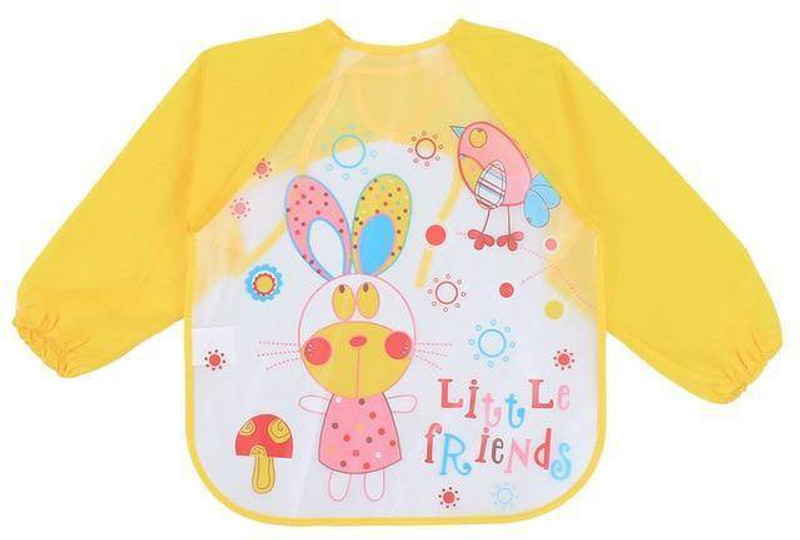 Little Fingers Waterproof and Quick Dry Full Sleeved Washable Waterproof Bib Apron for Babies & Kids -(Yellow Cartoon Print)(Yellow)