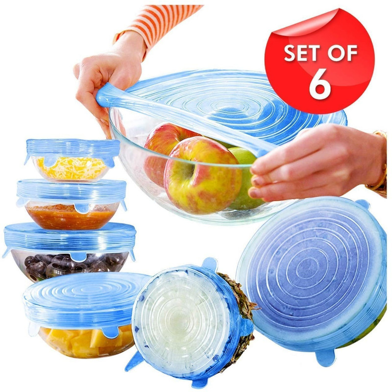 Riddhi Enterprise 6 Pcs of Reusable Food Seal Wrap Different Size Stretch Covers for Kitchen Utensils, Bowls, Jars, Cans, Mugs 8 inch, 6.7 inch, 5.9 inch, 4.4 inch, 3.6 inch, 2.4 inch Lid Set, Pack of 6(Silicone)