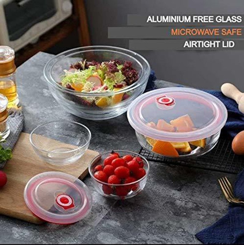 UPSCALE TRADERS Glass Serving Bowl Microwave Safe Borosilicate Glass Oven Bowl Set with Airtight Glass Lid - Set of 3(Pack of 3, Clear, Pink)