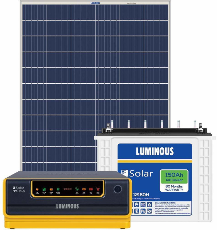 LUMINOUS NXG 1100 With 150Ah Capacity@ C10 Battery 165W PV Module Solar Home Solution NXG 1100 Solar Inverter with LPTT12150 150Ah Solar Battery and 165W Poly Crystalline with 25 Year Warranty Solar Compatible Modified Sine Wave Inverter(850 VA)