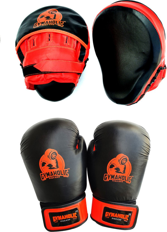 GYMAHOLIC Boxing Set Includes Injection Moulded Padded Leather Gloves and Focus Pads with Handwraps 180 inch Boxing Kit