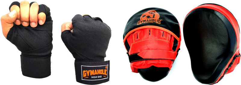 GYMAHOLIC Focus Pads with Handwraps 180 inch Boxing Kit