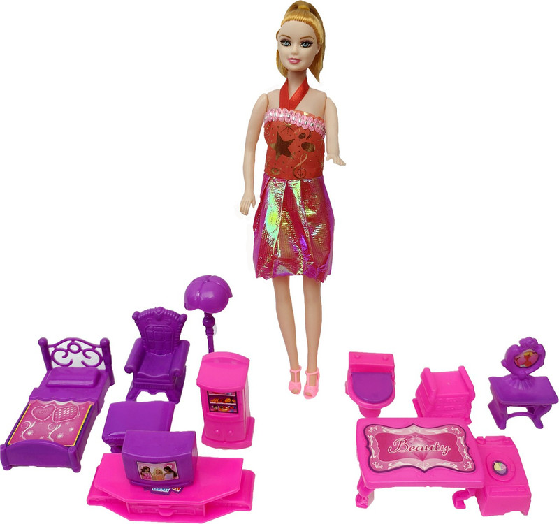 ANANYA CREATIONS Complete Doll House Set New Design Kid's Doll House Bed Room Light Wardrobe Table Chair Television Dressing Table Lump For kids (Multicolor) Pack Of 13 Pies(Pink)