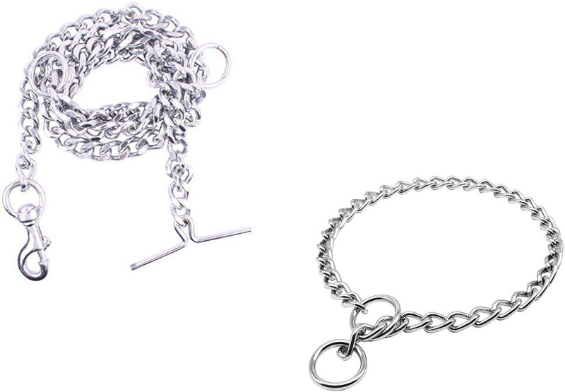 Paaltu Combo (Iron Choke Chain+Chain Leash) 152 cm Dog Martingale Leash(Silver)