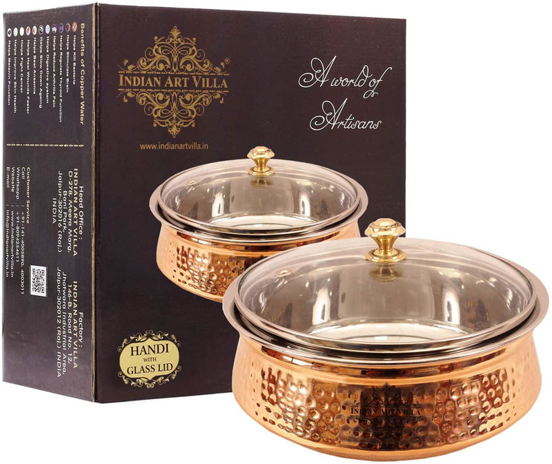 IndianArtVilla Steel Copper Handi Bowl With Glass Lid, For Serving Dishes, Tableware, 1200 Ml Handi 1.2 L(Copper)