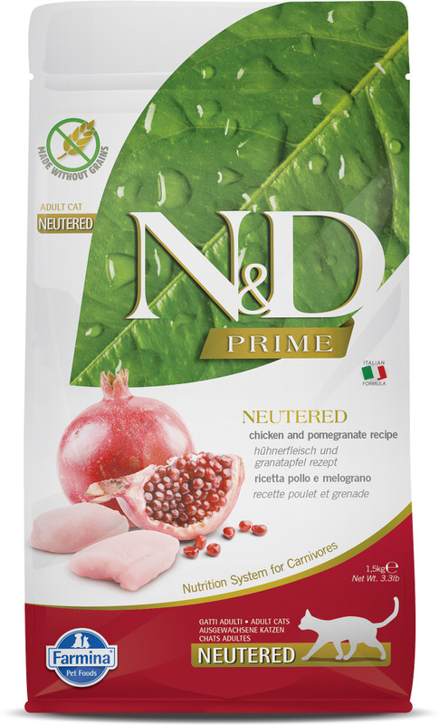 Farmina N&D Prime - Chicken & Pomegranate - Grain free - Cat Dry Food - Neutered Cat - Adult 1.5kg Chicken, Fruit 1.5 kg Dry New Born Cat Food