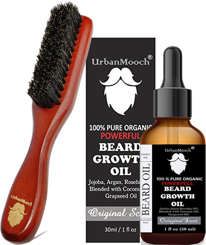 UrbanMooch Beard Growth Oil &100% Boar Bristle Beard Brush Combo — Straightens and Promotes Beard Growth — Premium & Stylish(2 Items in the set)