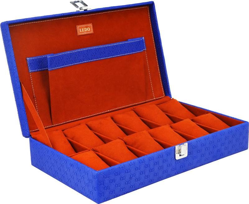 LEDO Men's and Women's Watch Box Holder Organizer Case in Blue color in cream Velvet Watch Box(Blue, Holds 12 Watches)