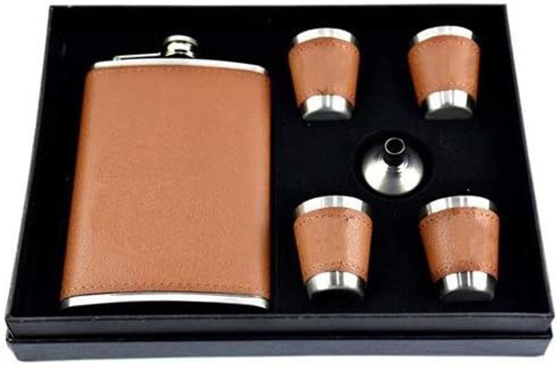 Birud Stainless Steel and Stitched Leather Hip Flask 8 Oz (230 Ml) Liquor Hip Flasks 4 Shots Box Bottle with Funnel Stainless Steel Hip Flask(230 ml)