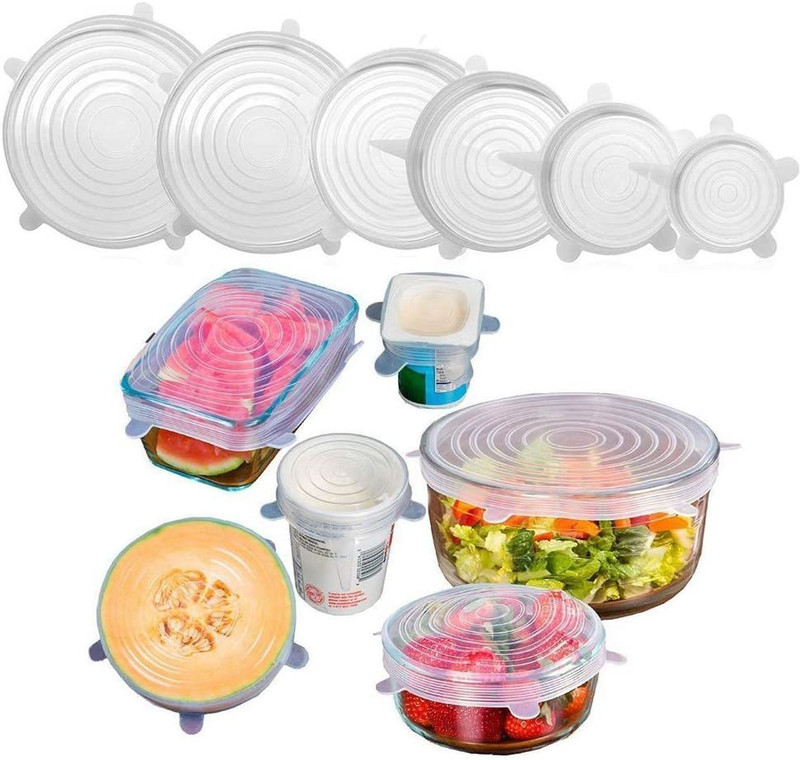 NEERAK 6Pcs Reusable Universal Super Stretch Food Grade Silicone Lids Flexible Air-Tight Vacuum Sealer Food Wrap for Bowl,Cup,Pan,Pot,Etc 4 inch Lid Set, Pack of 6(Silicone)