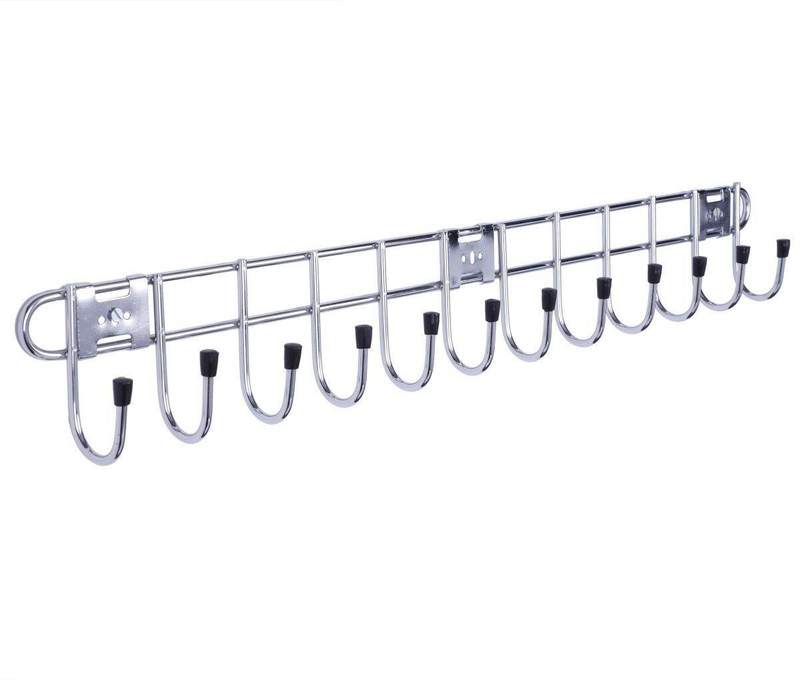 Urbanware 10 Pin Stainless Steel Bathroom Hook Rail/Cloth Hanger/Door Robe Hook/Multi Purpose Wardrobe and Kitchen Utensil Hook Rail for Hanging Keys, Cloth and Pan Swivel Hook 10(Pack of 1)