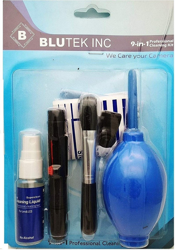 blutek 9 in 1 Professional Cleaning kit (Air Blower,Brush,Lenspen,cleaning cloth,cotton bud,Tissue,Cleaning Solution,Wet wipes,Dry wipes) For Canon Sony Nikon Fujifilm  Lens Cleaner(20 ml, 4x4 inch, Pack of 9)