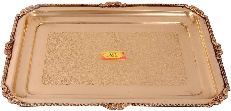 Shivshakti Arts Pure Brass Tray | Plate | Platter | Serving Tray - (Karvi Flower Eatching Design, Big) - 13.85 Inch Tray