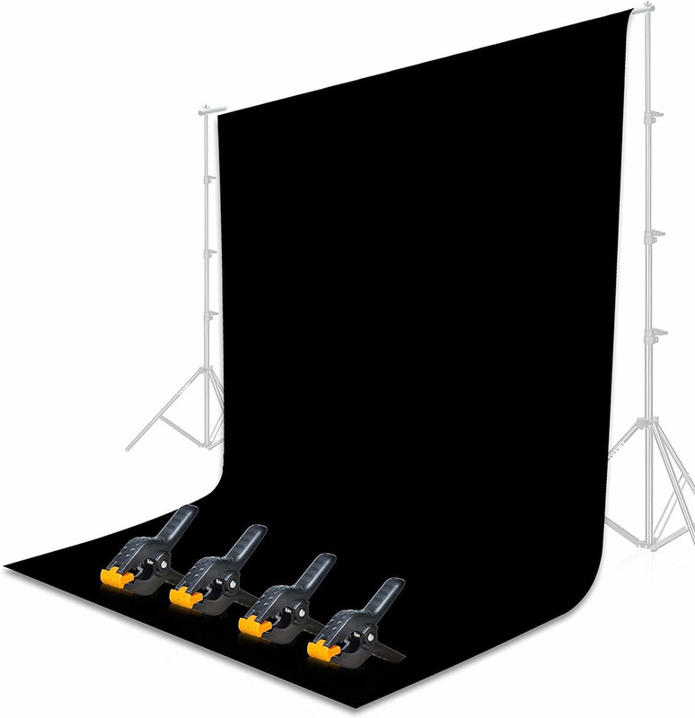 BOOSTY BRANDED 8 x 12 FT Black LEKERA Backdrop Photo Light Studio Photography Background + 4pcs Backdrop Support Spring Clamp 4.3"/11cm Reflector