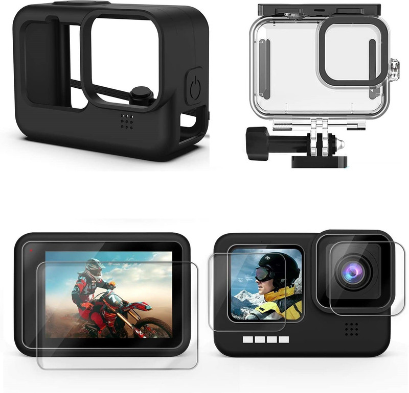 Adofys Accessories Kit for Black with Waterproof Case + Ultra Clear Tempered Glass Screen Protector + Lens Protector + HD Front Display Lens Protector + Silicone Rubber Protective Case Camera Housing