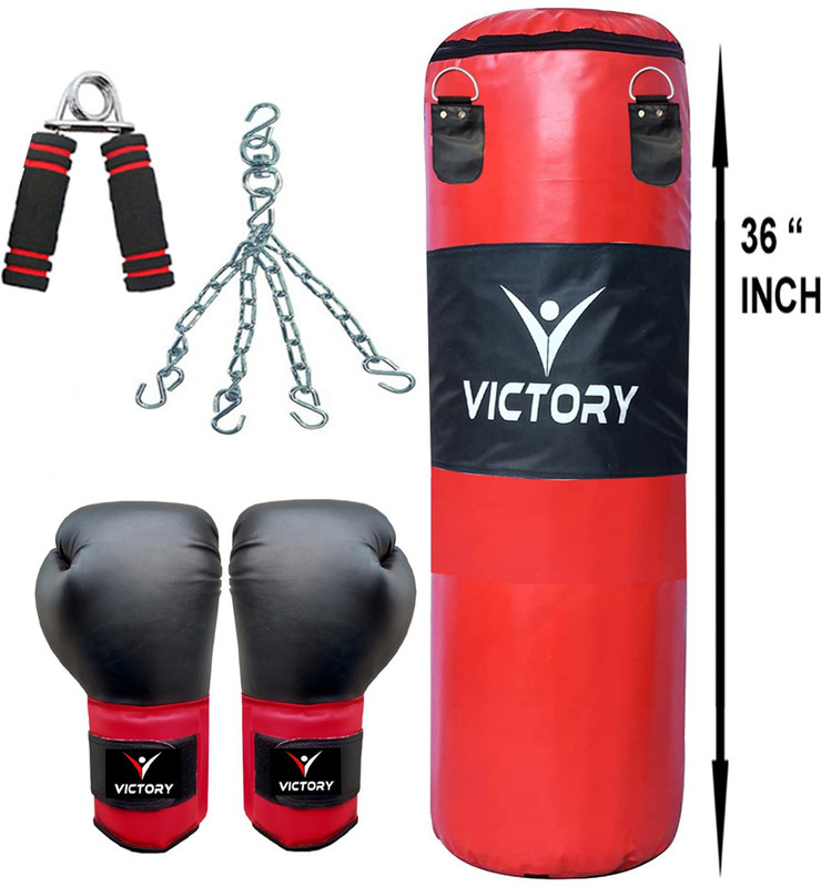 VICTORY Unfilled Heavy Punching Bag with Boxing Glove and Hand Grip and Solid Hanging Chain , Synthetic Leather (3 Feet) Boxing Kit