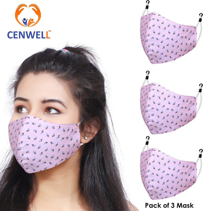 CENWELL 100% Cotton Protective Fashionable Fabric N95 Face Mask for Women & Girls PINK MASK Water Resistant, Reusable, Washable Cloth Mask With Melt Blown Fabric Layer(Pink, L, Pack of 3)