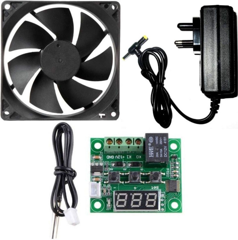 CyberSupreme Best Combo for DIY Incubator W1209 12V DC Digital Temperature Controller Board with 12v 2amp charger and 3.5 inch fan Electronic Components Temperature Sensor and Controller Temperature Sensor and Controller Electronic Hobby Kit