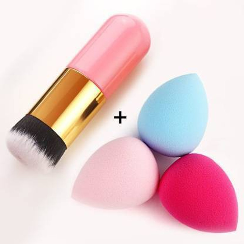 sunisa Extra Soft Foundation Brush with 3 Sponge puff blender - (Pack of 4)(Multicolor)