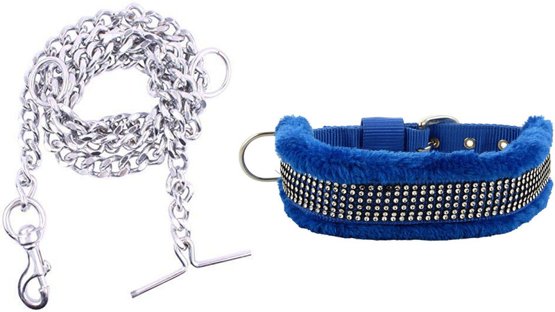 Paaltu Combo ( Iron Chain+Fur Collar 1 Inch(Blue Color)) 152 cm Dog Chain Leash(Multicolor)