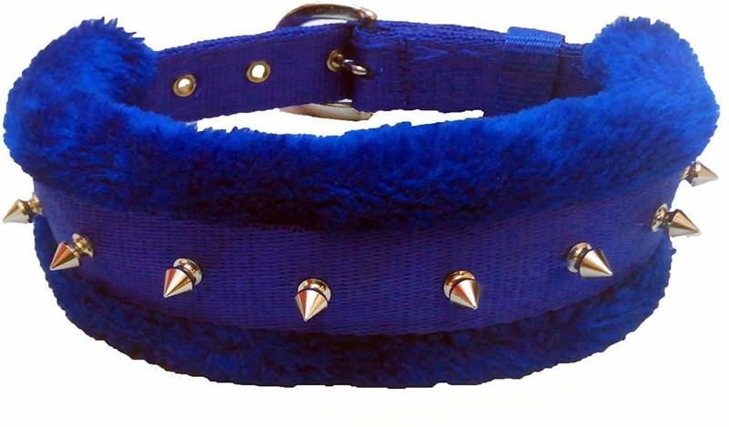 Paaltu Dog Nylon Fur Padded Spike Collar 1.25 Inch with Heavy Duty Grip Metal Buckle Plain Dog Collar Charm(Blue, Round)