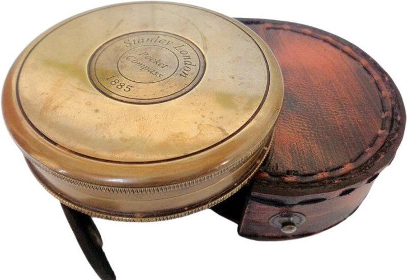 Ascent India Poem Compass Stanley London Solid Brass 3 inch Round shape Compass Leather box Compass(Brown)
