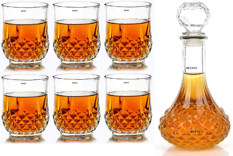 Bentex Glass Crystal Whiskey Decanter Set with Glasses, Set of 7 Pieces Whiskey, Scotch, Rum, Bourbon Decanter(Glass, 19 oz)
