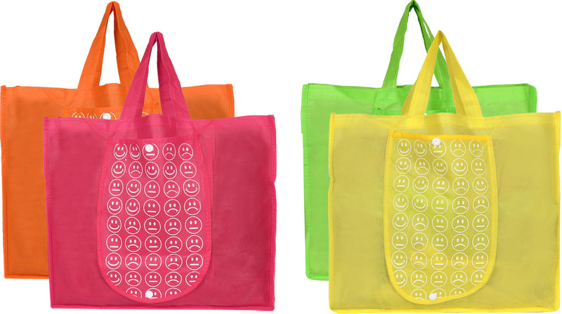 KUBER INDUSTRIES Shopping Grocery Bags Foldable, Washable Grocery Tote Bag with One Small Pocket, Eco-Friendly Purse Bag Fits in Pocket Waterproof & Lightweight (Set Of 4,Orange & Green) Pack of 4 Grocery Bags(Orange, Green)