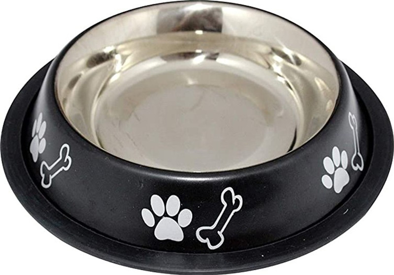 PetCeptual Stainless Steel Paw & Bone Printed Food and Water Feeding Bowl for Small Dogs & Puppies with Anti Skid Rubber - Black Round Shape Steel Pet Bowl(600 ml Black)