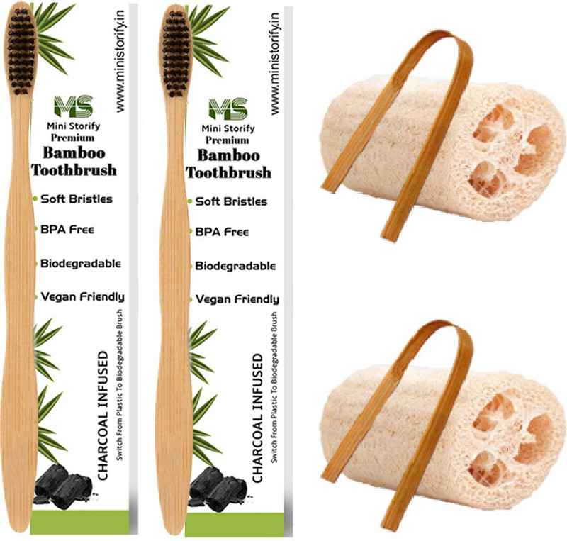 Mini Storify 2 Bamboo Toothbrush, 2 Tongue Cleaner and 2 Loofah Body Scrubber(6 Items in the set)