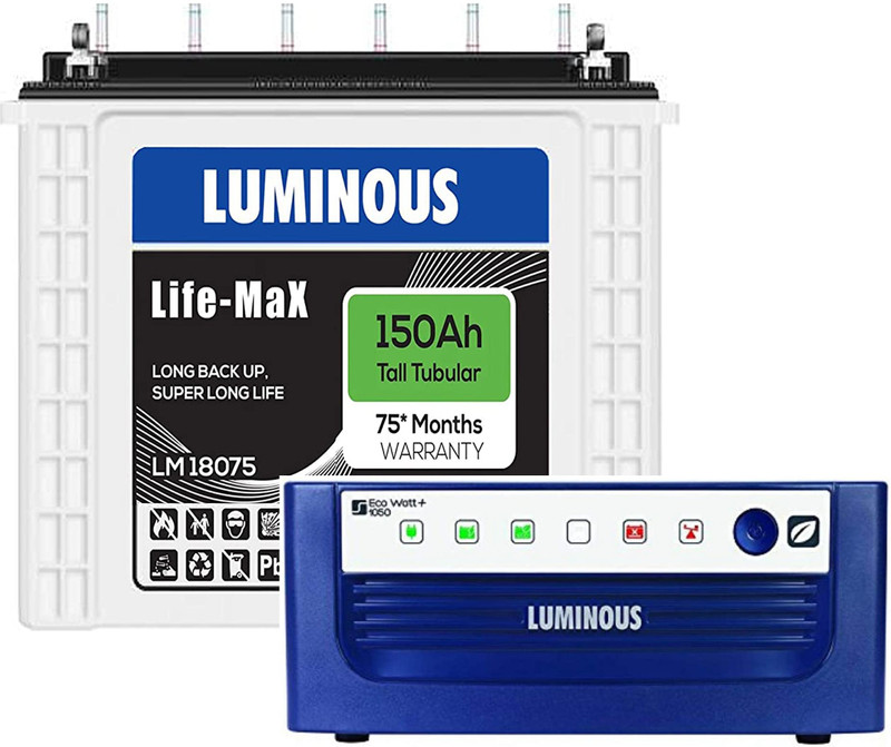 LUMINOUS 75 Months Warranty Tubular Inverter Battery(150 Ah, Life Max LM 18075 150Ah Tall Tubular Inverter Battery With Eco Volt Neo 950 Square Wave Inverter)