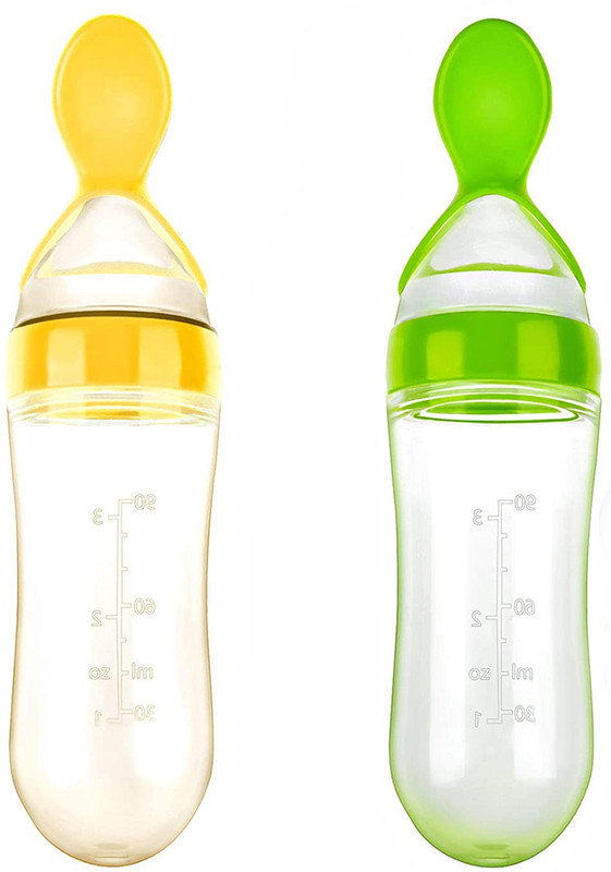 MulberryCart Presents 2 Pcs Soft Silicone Baby Food Feeder Squeeze Bottle for Solid Food with Dispensing Spoon Squeeze Feeder with Spoon - Spoon Bottle for Baby 90ml Feeder(Yellow Green)