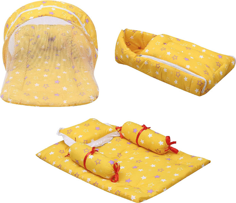 Miss & Chief by Flipkart Cotton Baby Bed Sized Bedding Set(Yellow, 1 MATTRESS WITH NET, 1 SLEEPING BAG, 1 4PCS-SET, 2 LOTTAN, 1 SQUARE PILLOW, 1 U-SHAPE PILLOW)