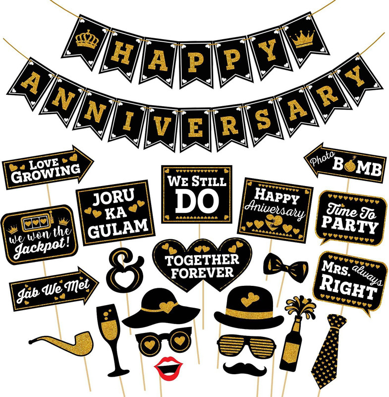 ZYOZI Anniversary Photo Booth Party Props DIY Kit -1 Set Happy Anniversary Banner For Decoration/Happy Anniversary Decoration Kit/Anniversary Decoration Items/Anniversary Combo Decoration/Happy Anniversary Combo/Anniversary Party Decoration/ (Pack Of 23)(Set of 23)