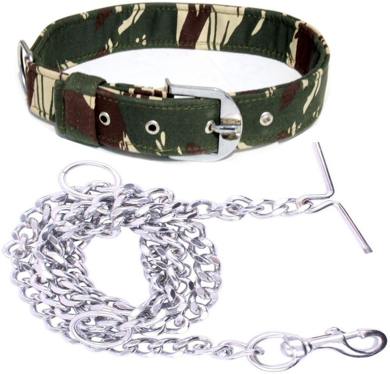 S.Blaze Dog Belt Combo of 3D Printed 1.5 inch Green Military Collar with Dog Chain Specially for Large Breed Dog Collar & Chain(Large, Green 1.5)